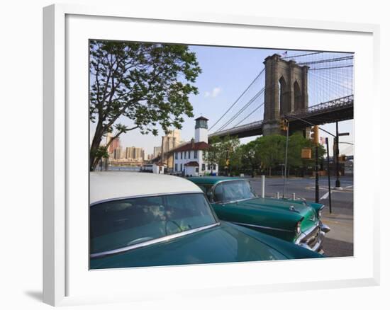 Two 1950's Cars Parked Near the Brooklyn Bridge at Fulton Ferry Landing, Brooklyn-Amanda Hall-Framed Photographic Print