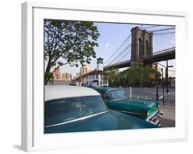 Two 1950's Cars Parked Near the Brooklyn Bridge at Fulton Ferry Landing, Brooklyn-Amanda Hall-Framed Photographic Print