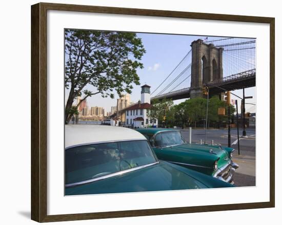 Two 1950's Cars Parked Near the Brooklyn Bridge at Fulton Ferry Landing, Brooklyn-Amanda Hall-Framed Photographic Print