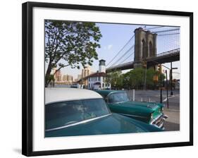 Two 1950's Cars Parked Near the Brooklyn Bridge at Fulton Ferry Landing, Brooklyn-Amanda Hall-Framed Photographic Print