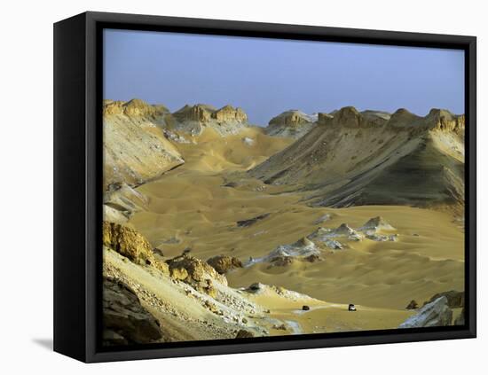 Two 4X4S Descend from the Escarpment on the Approach to Dakhla Oasis in the Western Desert, Egypt-Julian Love-Framed Stretched Canvas