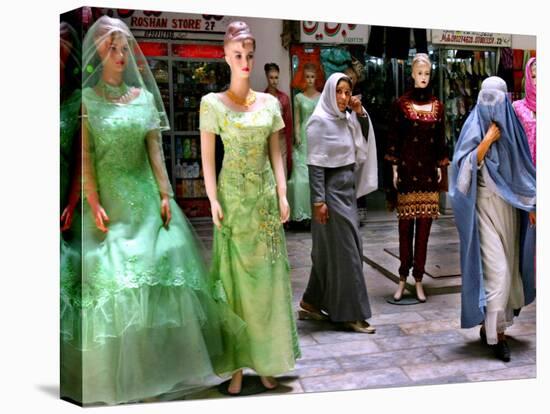 Two Afghan Woman Walk Next to Mannequins at a Women's Gallery Downtown Kabul-null-Stretched Canvas