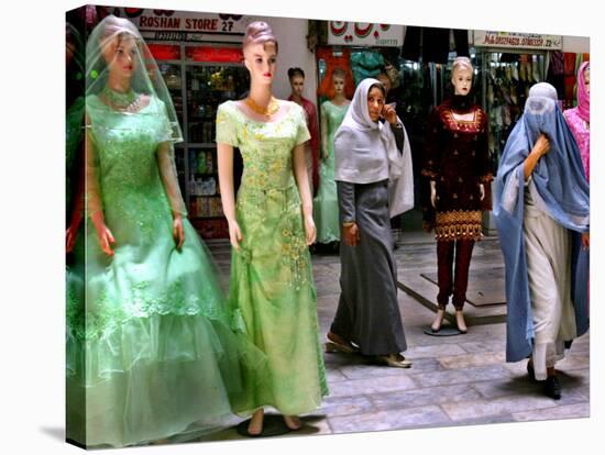 Two Afghan Woman Walk Next to Mannequins at a Women's Gallery Downtown Kabul-null-Stretched Canvas