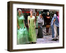 Two Afghan Woman Walk Next to Mannequins at a Women's Gallery Downtown Kabul-null-Framed Premium Photographic Print