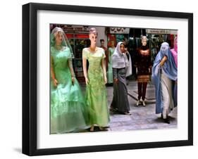 Two Afghan Woman Walk Next to Mannequins at a Women's Gallery Downtown Kabul-null-Framed Premium Photographic Print