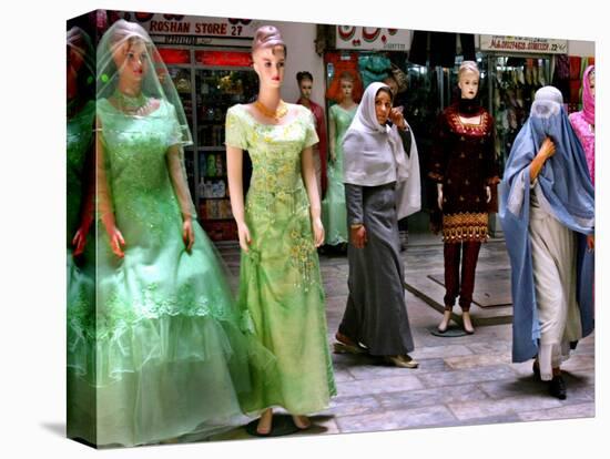 Two Afghan Woman Walk Next to Mannequins at a Women's Gallery Downtown Kabul-null-Stretched Canvas