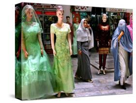 Two Afghan Woman Walk Next to Mannequins at a Women's Gallery Downtown Kabul-null-Stretched Canvas