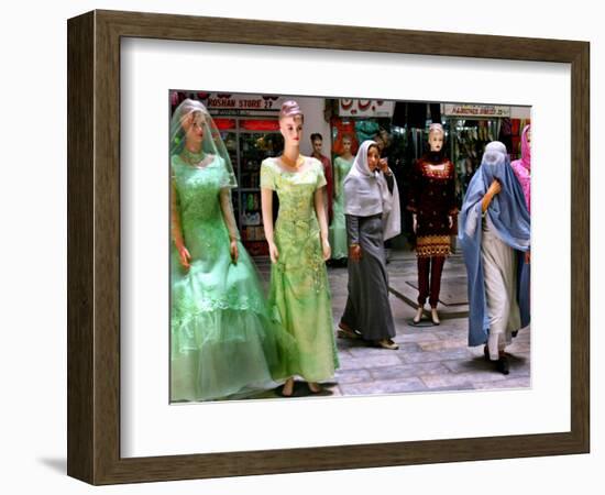 Two Afghan Woman Walk Next to Mannequins at a Women's Gallery Downtown Kabul-null-Framed Photographic Print