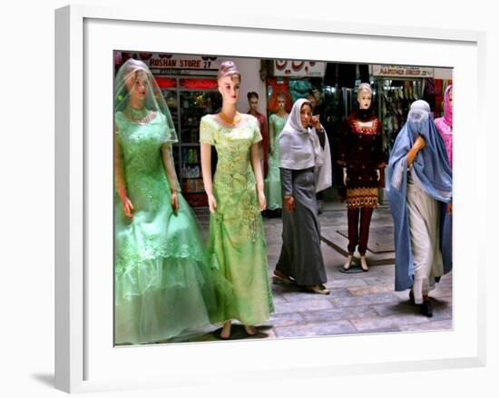 Two Afghan Woman Walk Next to Mannequins at a Women's Gallery Downtown Kabul-null-Framed Photographic Print