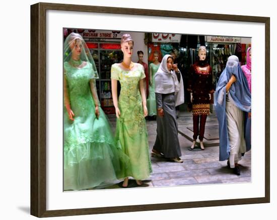 Two Afghan Woman Walk Next to Mannequins at a Women's Gallery Downtown Kabul-null-Framed Photographic Print