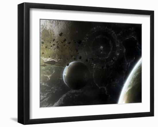 Two Alien Destroyer Vessels Patrol the Orbit of their Immensely Large Homeworld-Stocktrek Images-Framed Photographic Print