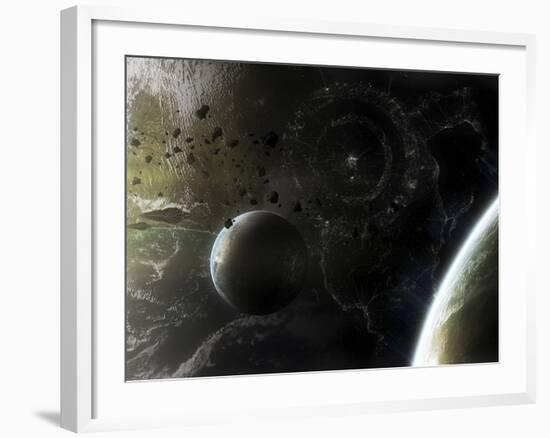 Two Alien Destroyer Vessels Patrol the Orbit of their Immensely Large Homeworld-Stocktrek Images-Framed Photographic Print