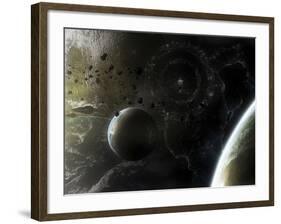 Two Alien Destroyer Vessels Patrol the Orbit of their Immensely Large Homeworld-Stocktrek Images-Framed Photographic Print