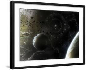 Two Alien Destroyer Vessels Patrol the Orbit of their Immensely Large Homeworld-Stocktrek Images-Framed Photographic Print