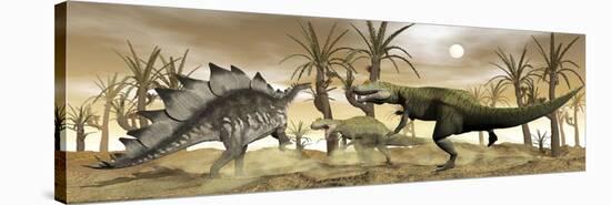 Two Allosaurus Dinosaurs Attack a Lone Stegosaurus in the Desert-Stocktrek Images-Stretched Canvas