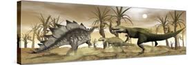 Two Allosaurus Dinosaurs Attack a Lone Stegosaurus in the Desert-Stocktrek Images-Stretched Canvas