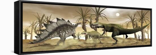 Two Allosaurus Dinosaurs Attack a Lone Stegosaurus in the Desert-Stocktrek Images-Framed Stretched Canvas