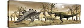 Two Allosaurus Dinosaurs Attack a Lone Stegosaurus in the Desert-Stocktrek Images-Stretched Canvas