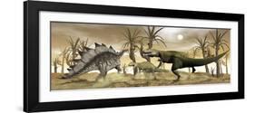 Two Allosaurus Dinosaurs Attack a Lone Stegosaurus in the Desert-Stocktrek Images-Framed Art Print