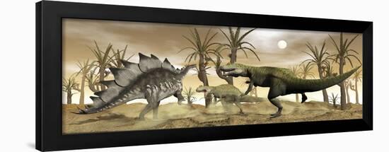 Two Allosaurus Dinosaurs Attack a Lone Stegosaurus in the Desert-Stocktrek Images-Framed Art Print