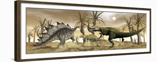 Two Allosaurus Dinosaurs Attack a Lone Stegosaurus in the Desert-Stocktrek Images-Framed Premium Giclee Print