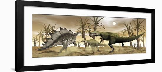 Two Allosaurus Dinosaurs Attack a Lone Stegosaurus in the Desert-Stocktrek Images-Framed Premium Giclee Print
