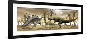 Two Allosaurus Dinosaurs Attack a Lone Stegosaurus in the Desert-Stocktrek Images-Framed Premium Giclee Print