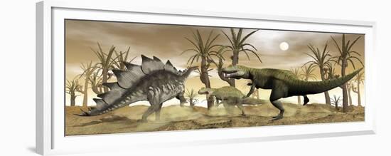 Two Allosaurus Dinosaurs Attack a Lone Stegosaurus in the Desert-Stocktrek Images-Framed Premium Giclee Print