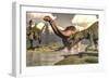 Two Allosaurus Dinosaurs Attacking a Large Apatosaurus-Stocktrek Images-Framed Art Print