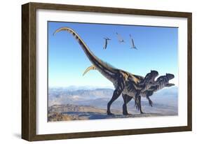 Two Allosaurus Dinosaurs Look for Prey on a High Mountain-null-Framed Art Print