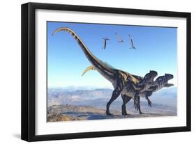 Two Allosaurus Dinosaurs Look for Prey on a High Mountain-null-Framed Art Print