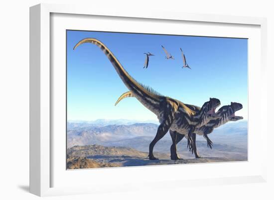 Two Allosaurus Dinosaurs Look for Prey on a High Mountain-null-Framed Art Print