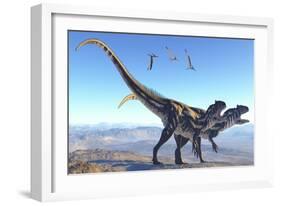 Two Allosaurus Dinosaurs Look for Prey on a High Mountain-null-Framed Art Print