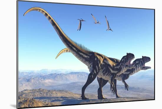 Two Allosaurus Dinosaurs Look for Prey on a High Mountain-null-Mounted Art Print