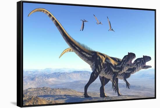 Two Allosaurus Dinosaurs Look for Prey on a High Mountain-null-Framed Stretched Canvas