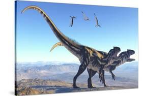 Two Allosaurus Dinosaurs Look for Prey on a High Mountain-null-Stretched Canvas