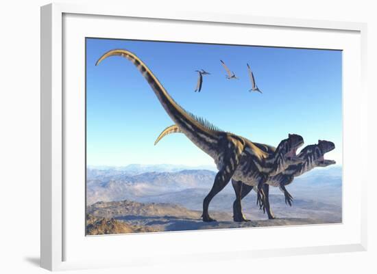 Two Allosaurus Dinosaurs Look for Prey on a High Mountain-null-Framed Art Print