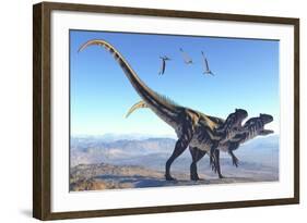 Two Allosaurus Dinosaurs Look for Prey on a High Mountain-null-Framed Art Print