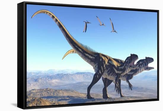 Two Allosaurus Dinosaurs Look for Prey on a High Mountain-null-Framed Stretched Canvas