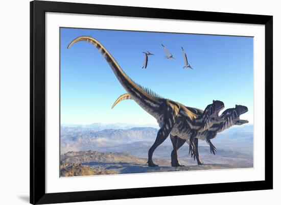 Two Allosaurus Dinosaurs Look for Prey on a High Mountain-null-Framed Art Print