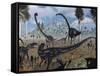 Two Allosaurus Predators Plan their Attack on a Young Omeisaurus-Stocktrek Images-Framed Stretched Canvas