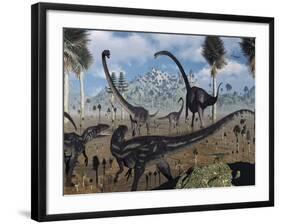 Two Allosaurus Predators Plan their Attack on a Young Omeisaurus-Stocktrek Images-Framed Photographic Print