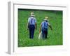 Two Amish Boys Walk with Their Golf Clubs Through a Field of Soy Beans-null-Framed Premium Photographic Print