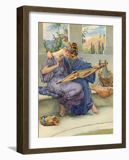 Two Ancient Greek Women Embroidering-null-Framed Art Print