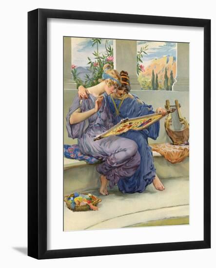 Two Ancient Greek Women Embroidering-null-Framed Art Print