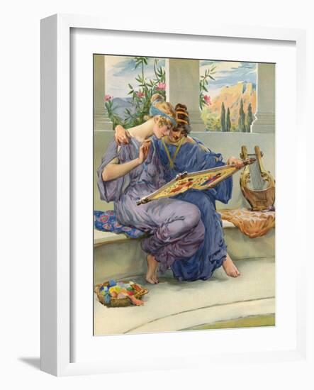 Two Ancient Greek Women Embroidering-null-Framed Art Print