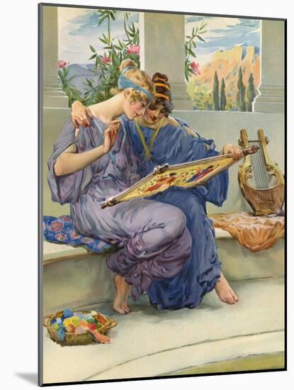 Two Ancient Greek Women Embroidering-null-Mounted Art Print