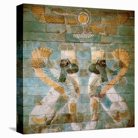Two androcephalous sphinxes (or lions) under Ahura Mazda, deity of Zoroastrianism-null-Stretched Canvas