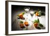 Two Antique Liqueur Glasses with Orange Liqueur and Small Oranges on White Wooden Table-Jana Ihle-Framed Photographic Print