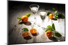 Two Antique Liqueur Glasses with Orange Liqueur and Small Oranges on White Wooden Table-Jana Ihle-Mounted Photographic Print
